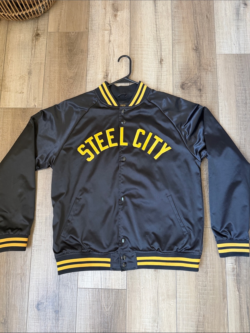 Pittsburgh Black and Yellow Satin Bomber Jacket with 'Steel City' Lettering.